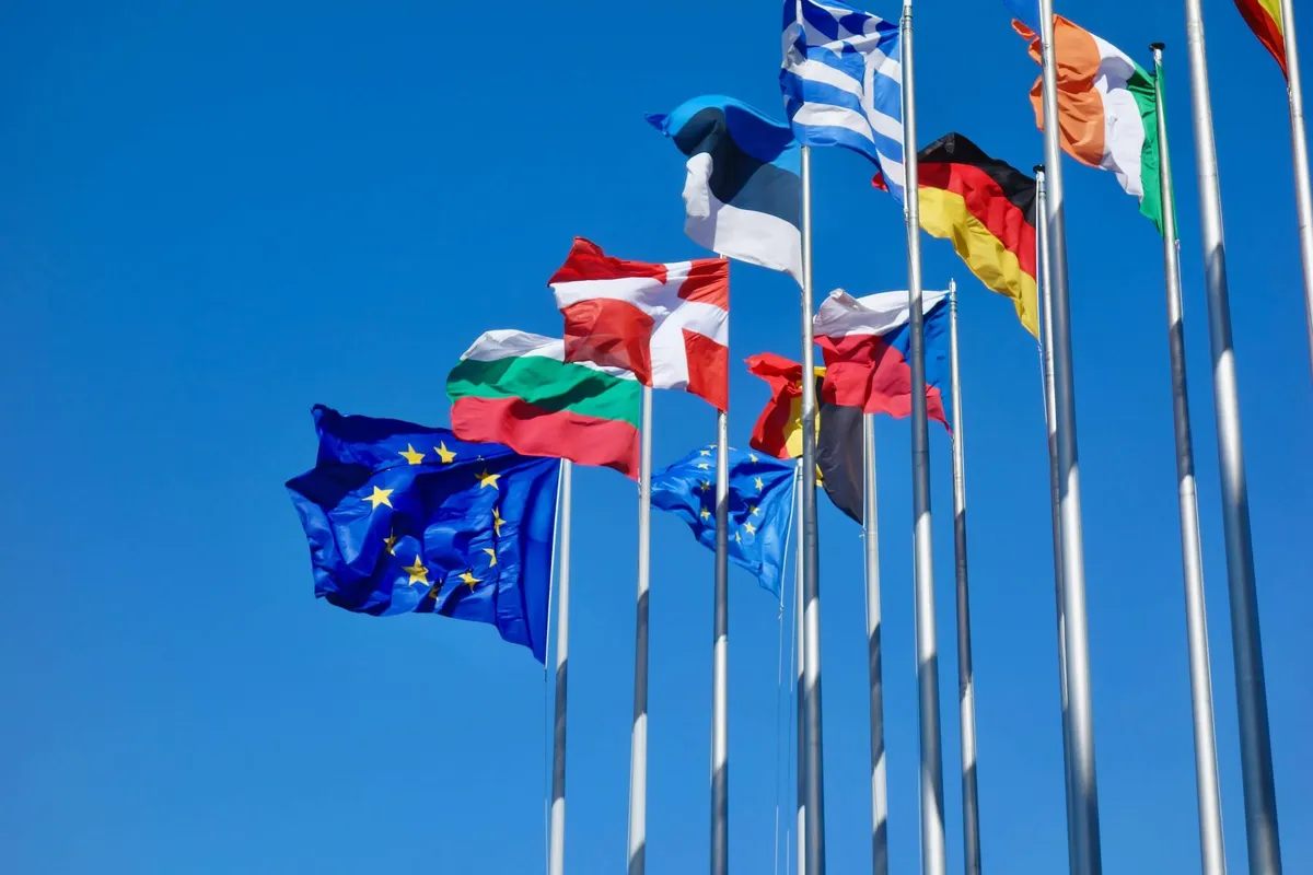 Europos Sąjungos ir valstybių narių vėliavos plevėsuoja prieš mėlyną dangų